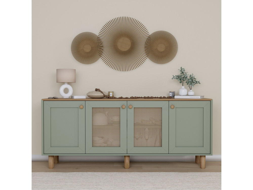 Aparador "Bohemia" de madera y caña - 180 x 40 x 75 cm - Verde