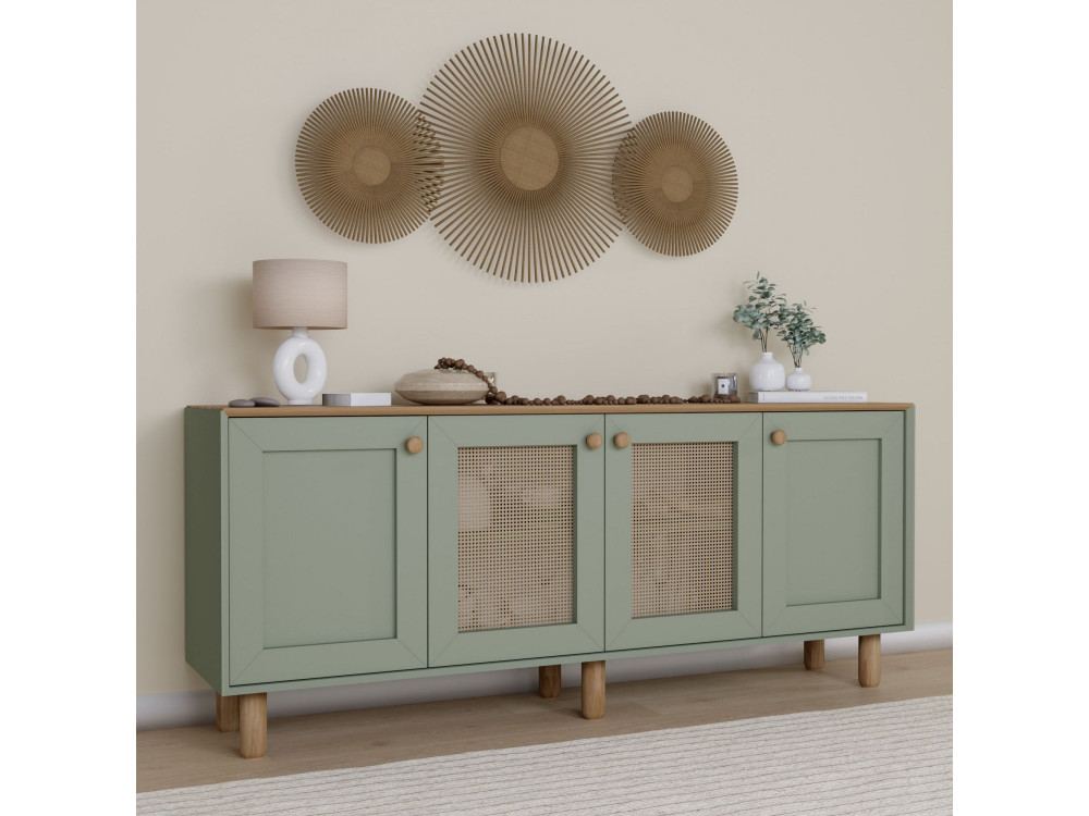 Aparador "Bohemia" de madera y caña - 180 x 40 x 75 cm - Verde