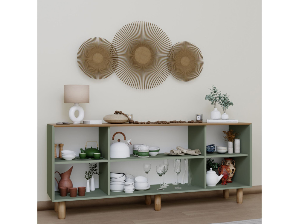 Aparador "Bohemia" de madera y caña - 180 x 40 x 75 cm - Verde
