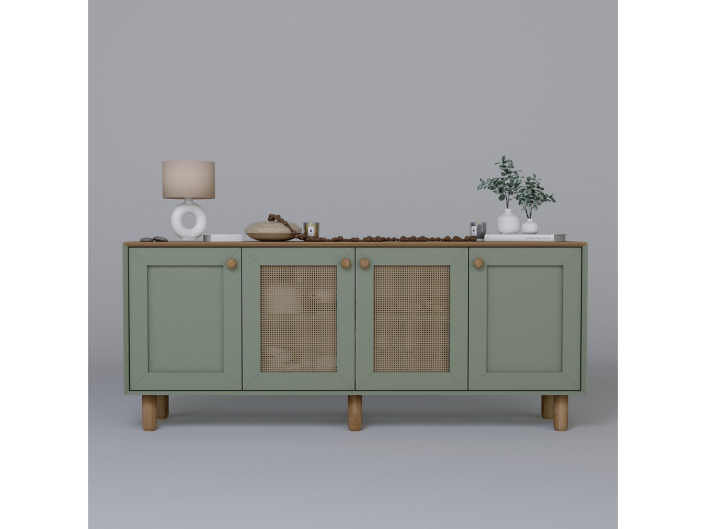 Aparador "Bohemia" de madera y caña - 180 x 40 x 75 cm - Verde