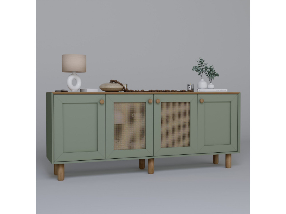 Aparador "Bohemia" de madera y caña - 180 x 40 x 75 cm - Verde