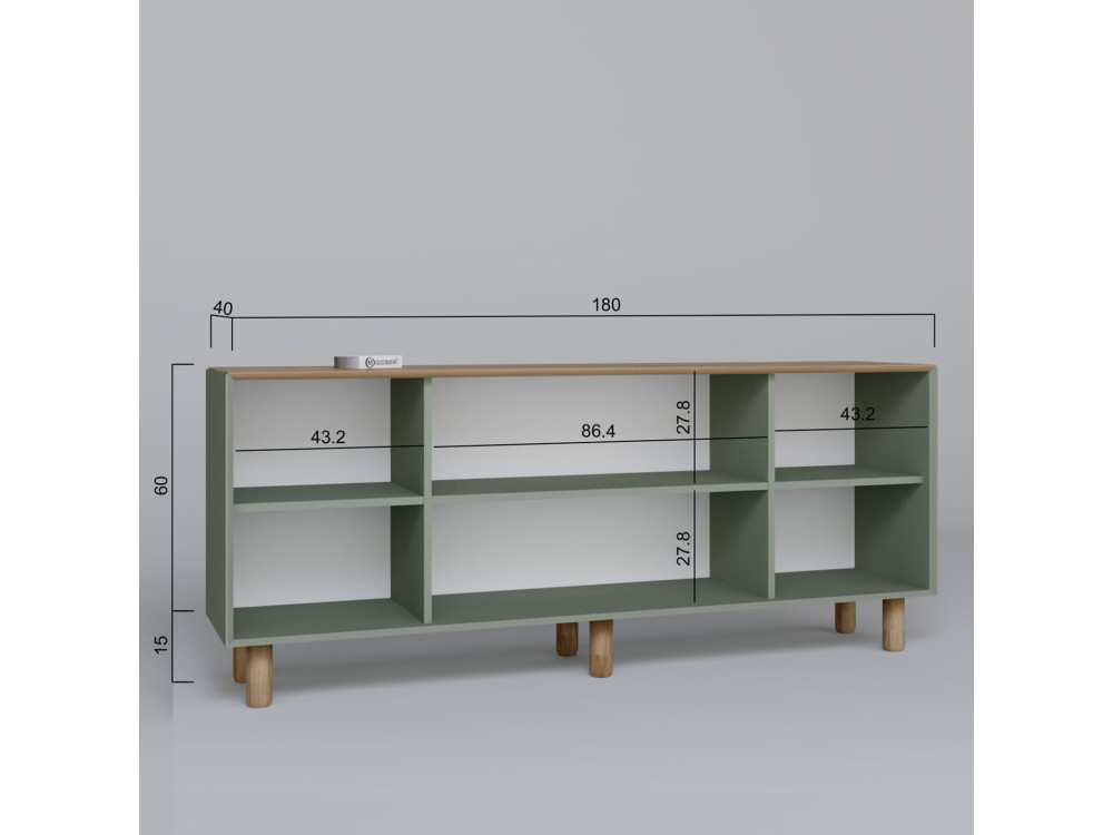 Aparador "Bohemia" de madera y caña - 180 x 40 x 75 cm - Verde