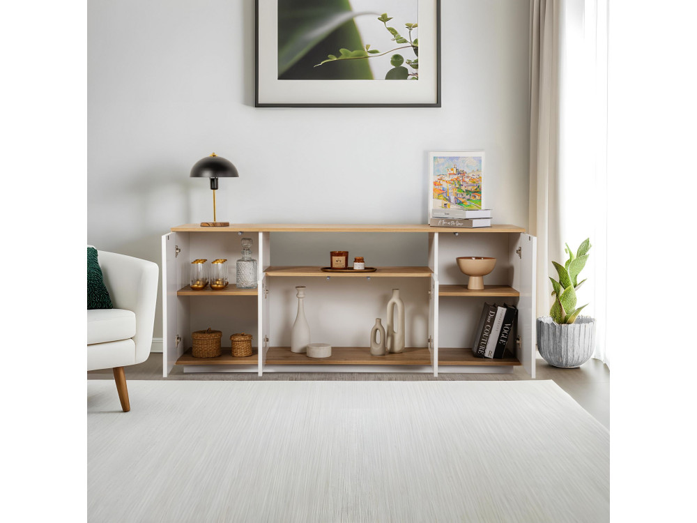 Aparador de madera "Arista" - 180 x 44,5 x 75 cm - Blanco / Roble Cadiz