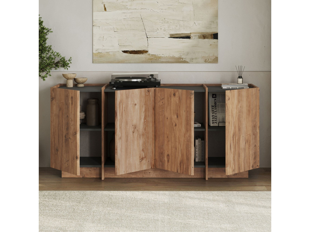 Aparador de madera "Dorma" - 180 x 45 x 80 cm - Pino Atlántico / Antracita