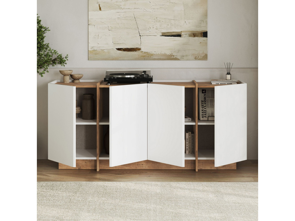 Aparador de madera "Dorma" - 180 x 45 x 80 cm - Blanco / Pino Atlántico