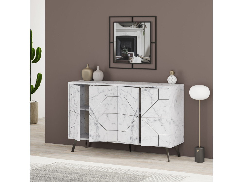 Aparador de madera "Dune" - 123 x 35 x 62 cm - Blanco jaspeado