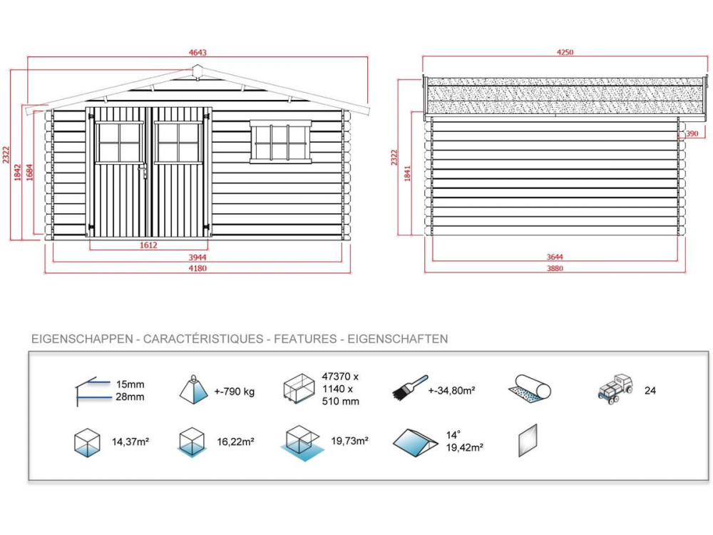 Caseta de jardín - 19,72 m² - 4.64 x 4.25 x 2,32 m - 28 mm.
