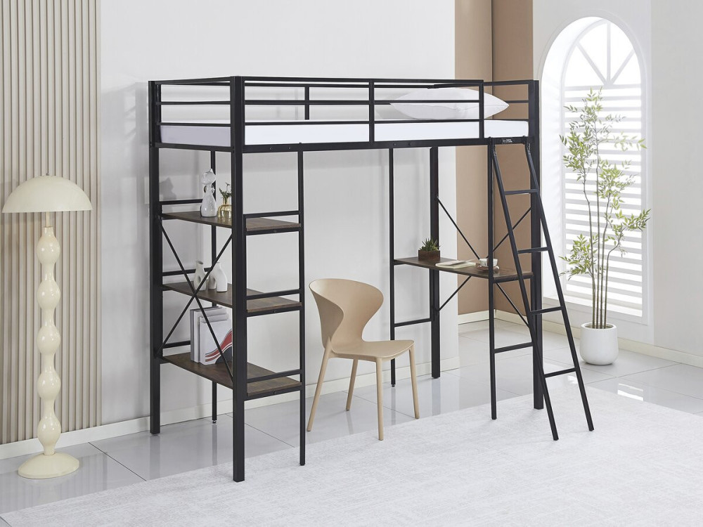 Cama alta con escritorio de metal «Raphaël» - 190 x 90 cm - Negro