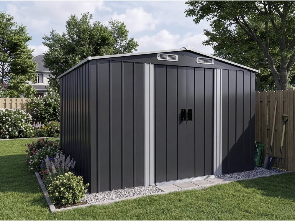Caseta de jardín metálica "Boston" con puerta corredera - 6,54 m² - Gris