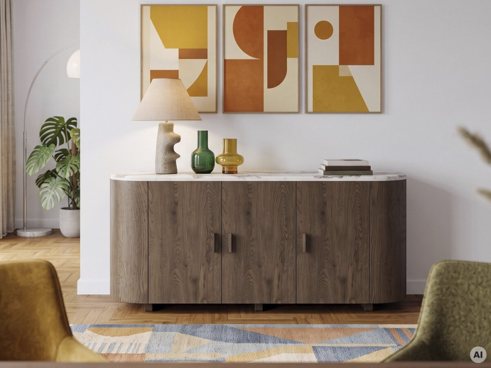 Aparador de madera con bandeja de cerámica «Azya» - 160 x 45 x 75 cm - Marrón