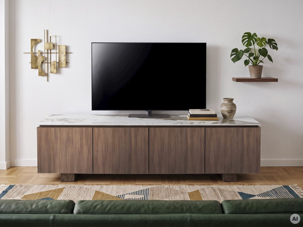 Mueble para la televisión de madera con superficie de cerámica «Elma» - 160 x 45 x 45 cm - Marrón