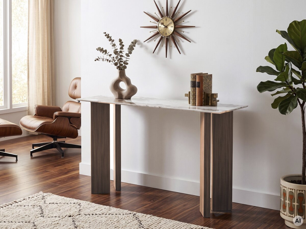 Consola de madera con tablero de cerámica «Elma» - 140 x 40 x 80 cm - Marrón