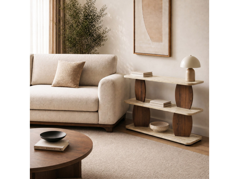 Mesita auxiliar de madera «Armonia» - 90 x 30 x 70 cm - Travertino / Nogal