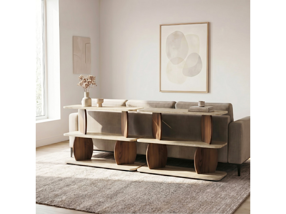 Mesita auxiliar de madera «Armonia» - 90 x 30 x 70 cm - Travertino / Nogal