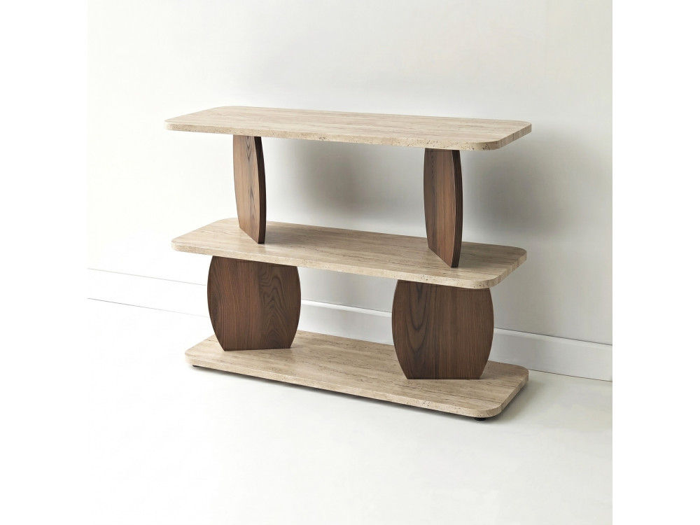 Mesita auxiliar de madera «Armonia» - 90 x 30 x 70 cm - Travertino / Nogal