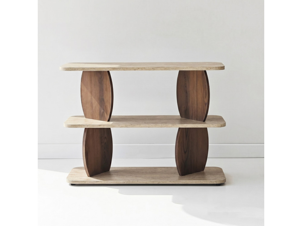 Mesita auxiliar de madera «Armonia» - 90 x 30 x 70 cm - Travertino / Nogal