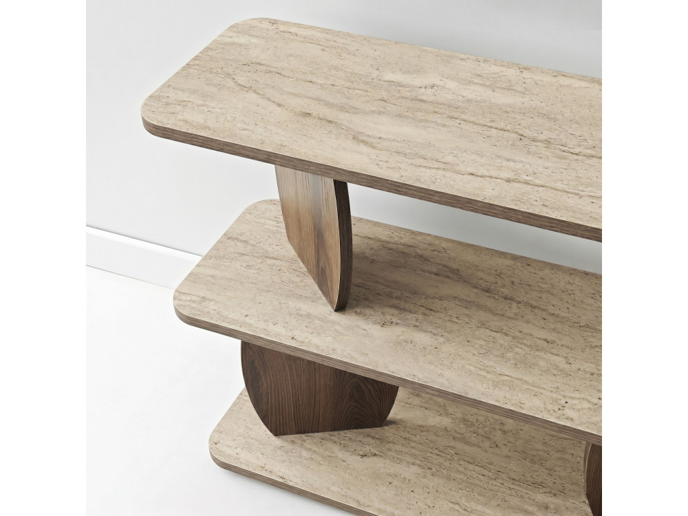 Mesita auxiliar de madera «Armonia» - 90 x 30 x 70 cm - Travertino / Nogal
