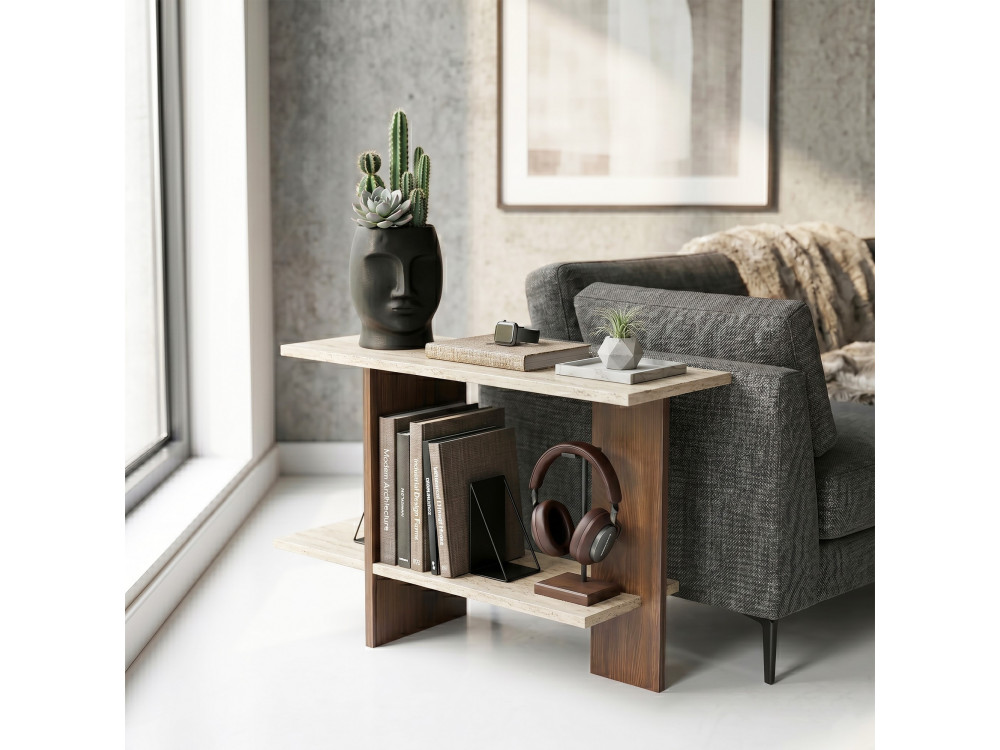 Mesita auxiliar de madera «Essenziale» - 80 x 30 x 55 cm - Travertino / Nogal