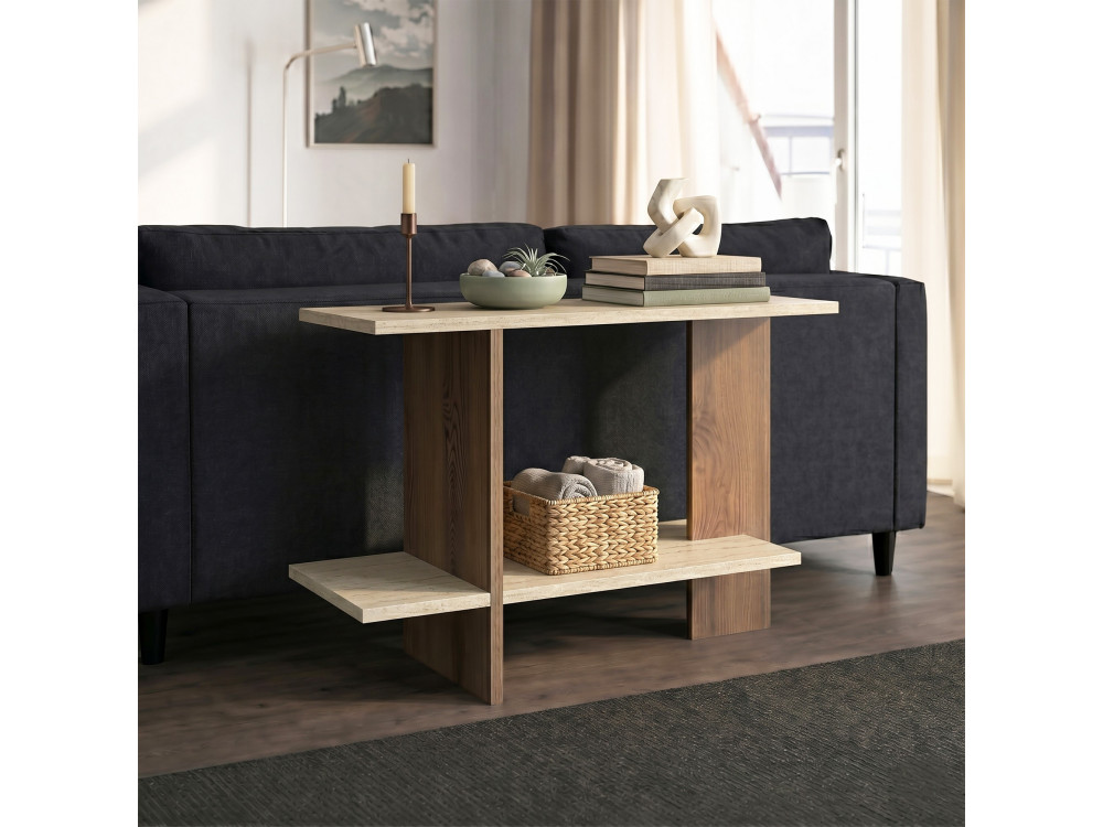 Mesita auxiliar de madera «Essenziale» - 80 x 30 x 55 cm - Travertino / Nogal
