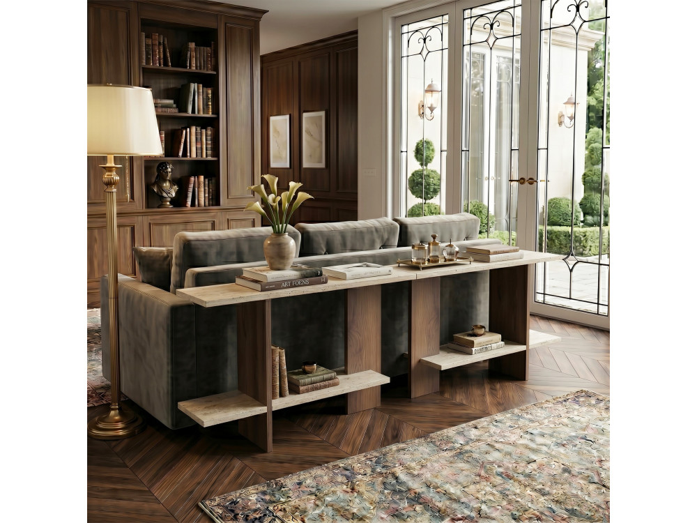 Mesita auxiliar de madera «Essenziale» - 80 x 30 x 55 cm - Travertino / Nogal