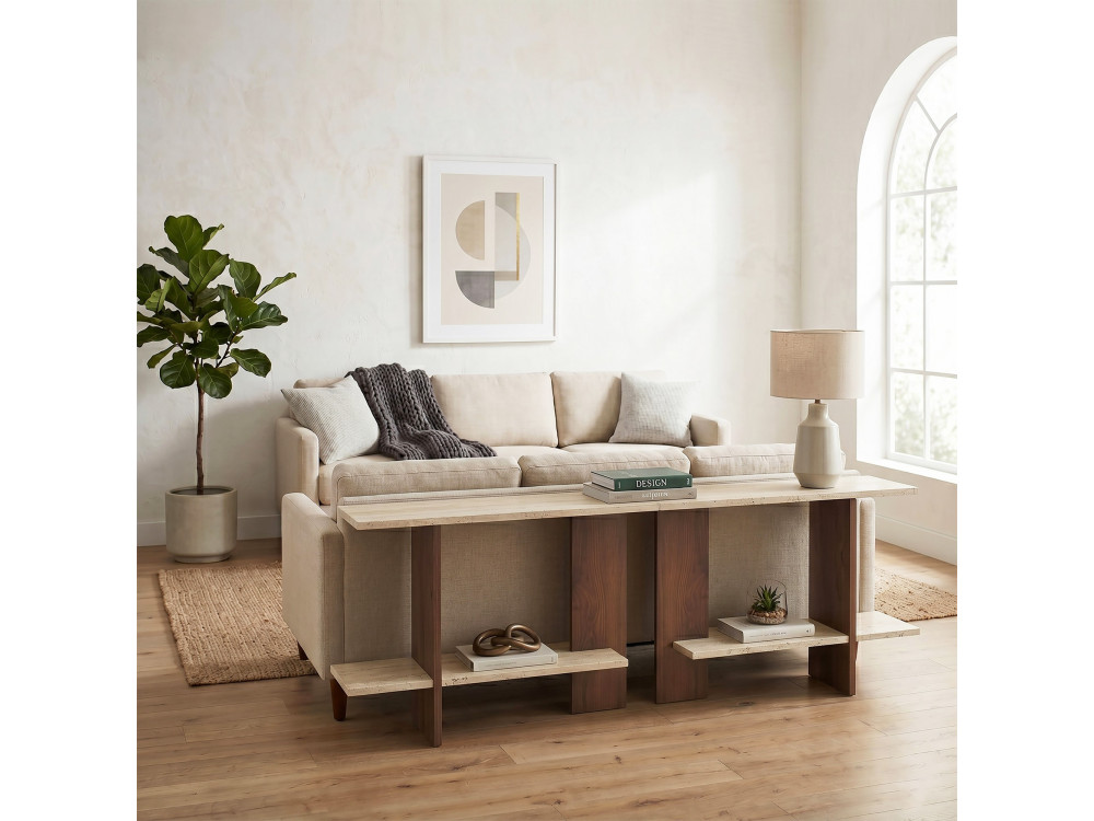Mesita auxiliar de madera «Essenziale» - 80 x 30 x 55 cm - Travertino / Nogal