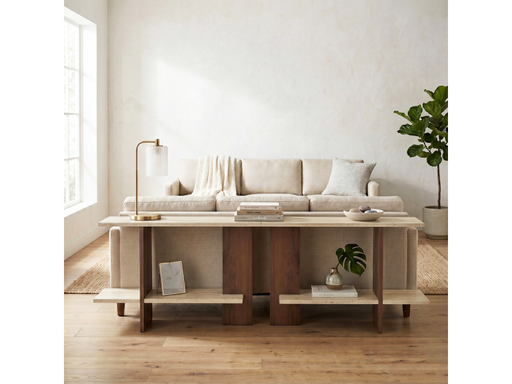 Mesita auxiliar de madera «Essenziale» - 80 x 30 x 55 cm - Travertino / Nogal