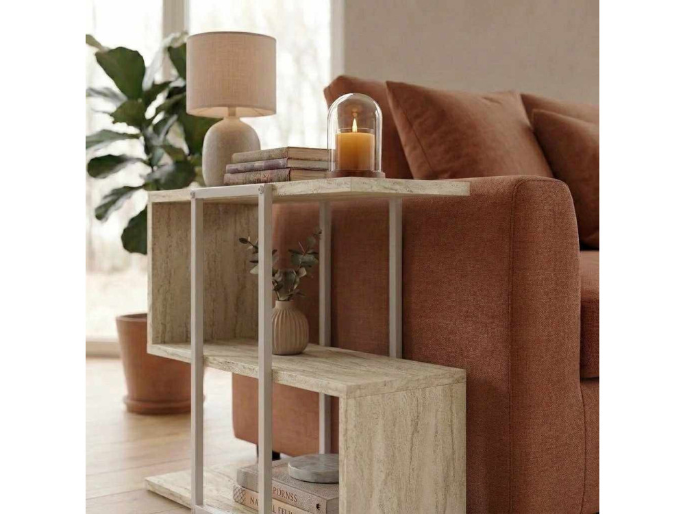 Mesita auxiliar de madera «HOMIA» - 56 x 25 x 56 cm - Travertino