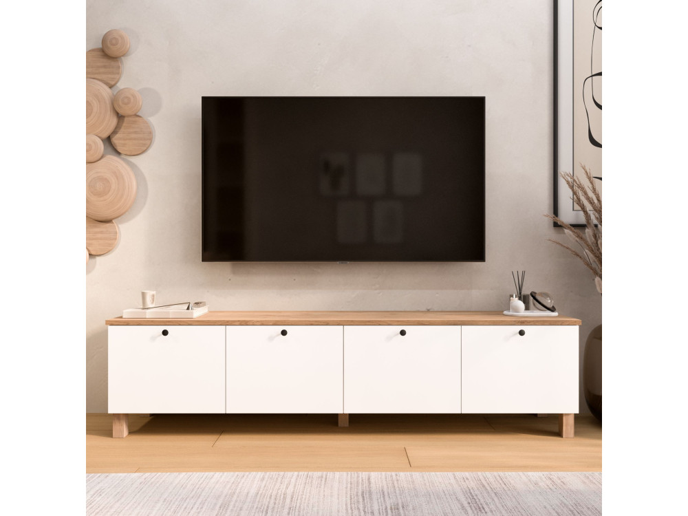 Mueble para la tele de madera «Nord» - 180 x 34 x 45 cm - Blanco / Roble