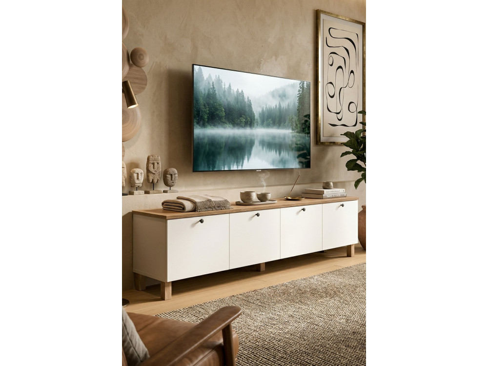 Mueble para la tele de madera «Nord» - 180 x 34 x 45 cm - Blanco / Roble
