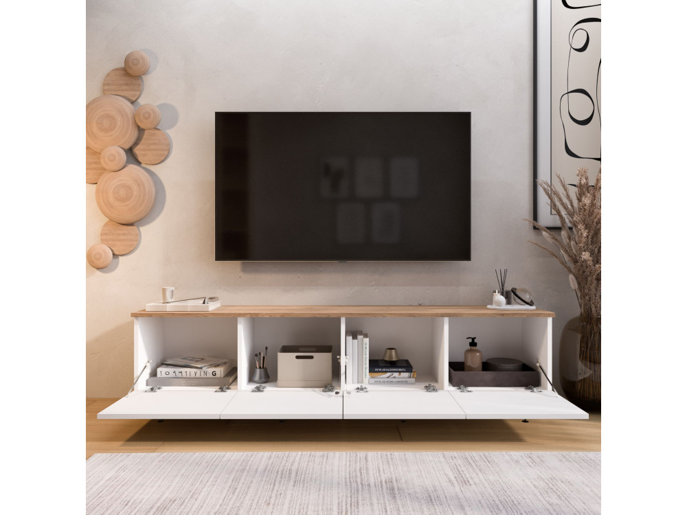Mueble para la tele de madera «Nord» - 180 x 34 x 45 cm - Blanco / Roble