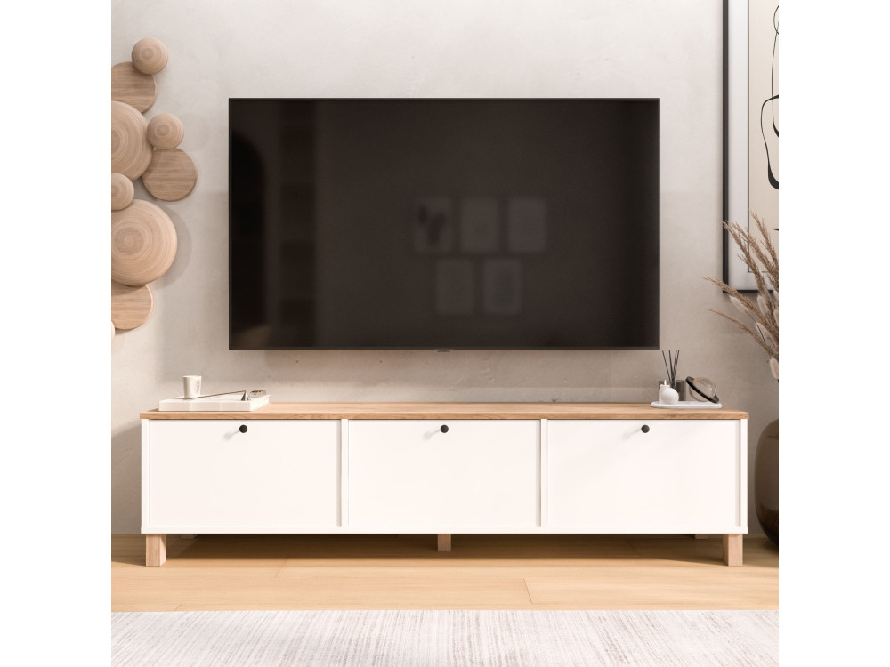 Mueble para la tele de madera «Nord» - 180 x 32 x 45 cm - Blanco / Roble