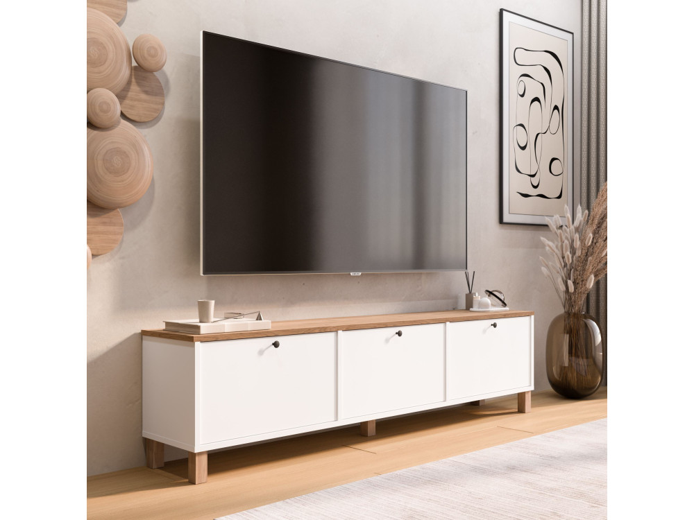 Mueble para la tele de madera «Nord» - 180 x 32 x 45 cm - Blanco / Roble