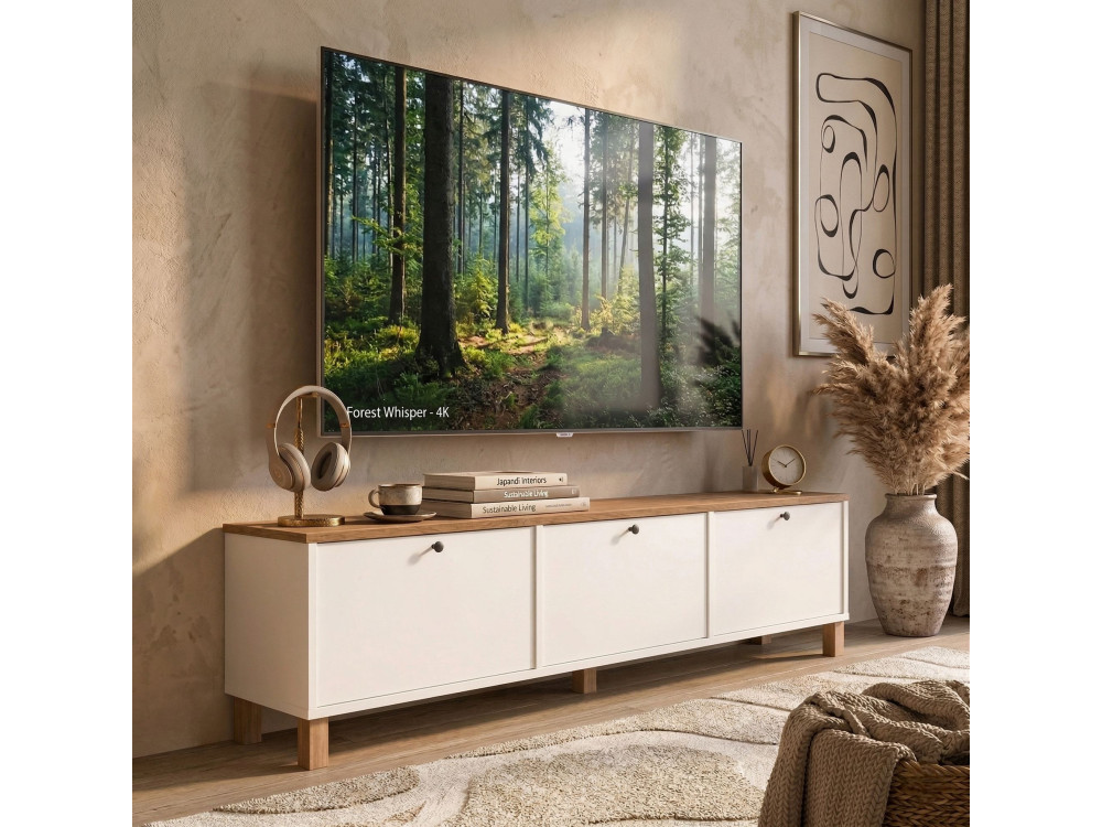 Mueble para la tele de madera «Nord» - 180 x 32 x 45 cm - Blanco / Roble