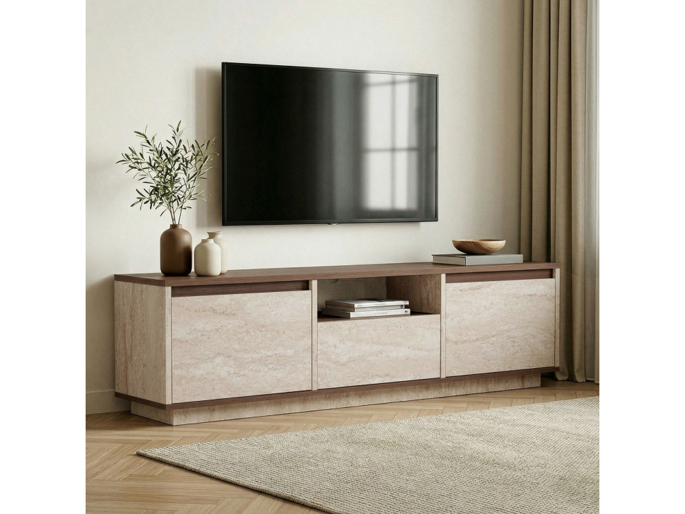 Mueble para televisión de madera «Sentinel» - 160 x 30 x 42 cm - Travertino / Nogal de Milán
