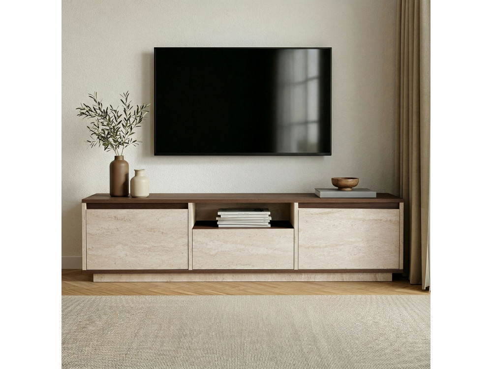 Mueble para televisión de madera «Sentinel» - 160 x 30 x 42 cm - Travertino / Nogal de Milán