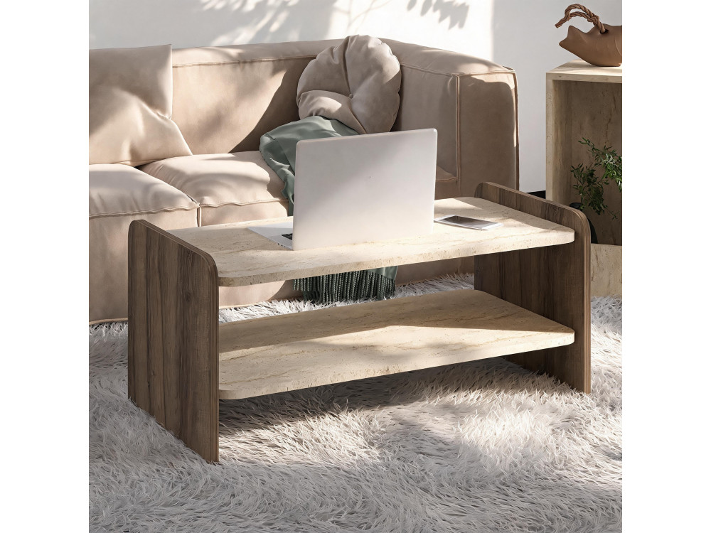 Mesa de centro de madera «Amon» - 89,8 x 39,8 x 44,8 cm - Travertino / Nogal antiguo