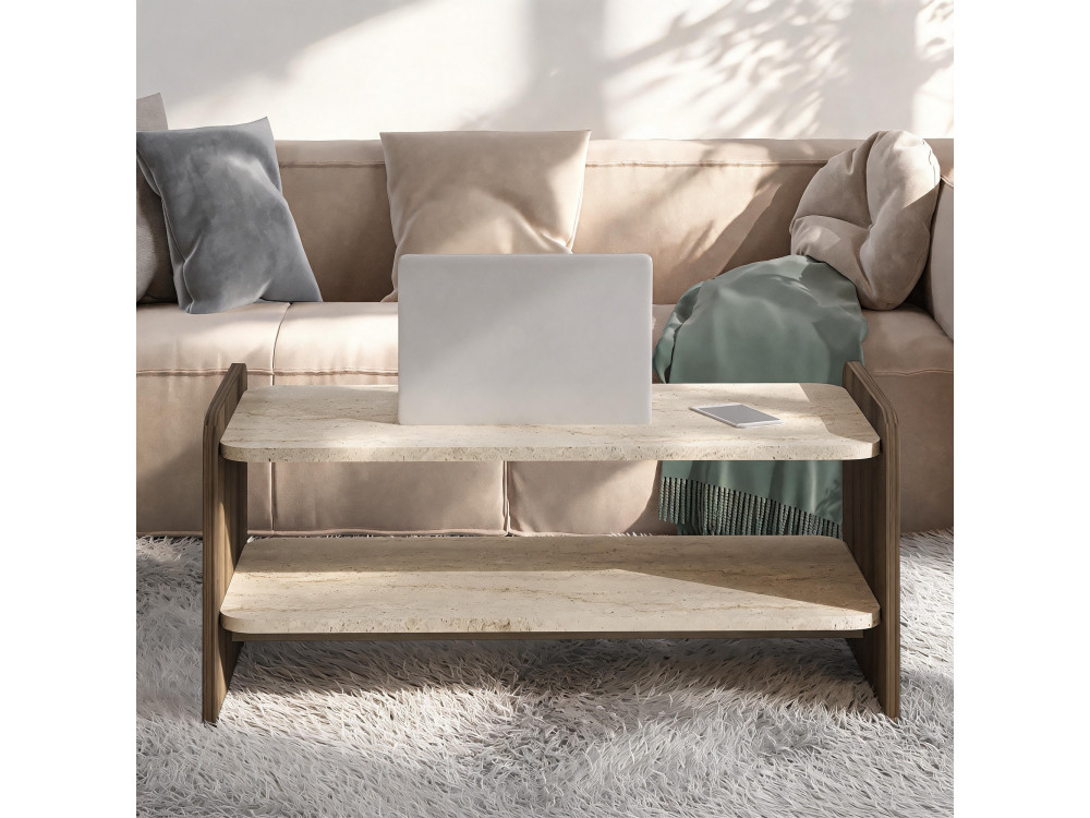 Mesa de centro de madera «Amon» - 89,8 x 39,8 x 44,8 cm - Travertino / Nogal antiguo