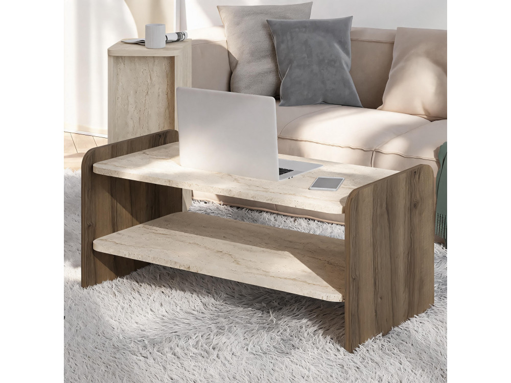 Mesa de centro de madera «Amon» - 89,8 x 39,8 x 44,8 cm - Travertino / Nogal antiguo