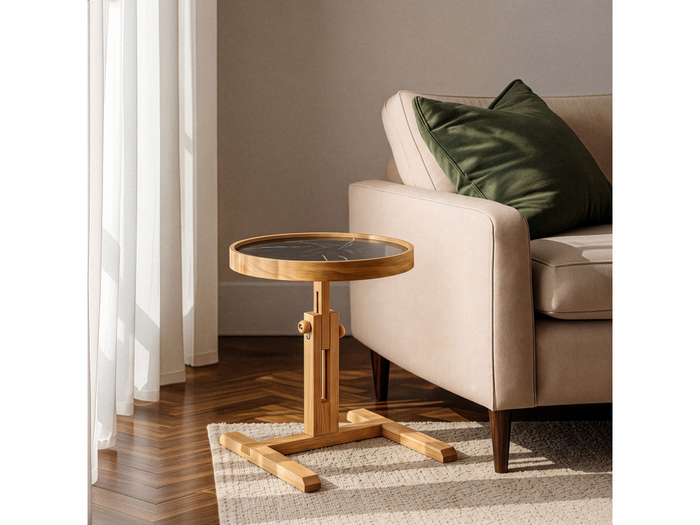 Mesita auxiliar de madera «Opus Yuvarlak 40» - 40 x 40 x 57 cm - Roble / Mármol negro