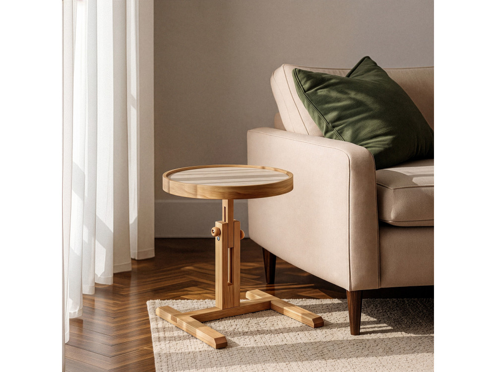 Mesita auxiliar de madera «Opus Yuvarlak 40» - 40 x 40 x 57 cm - Roble / Travertino