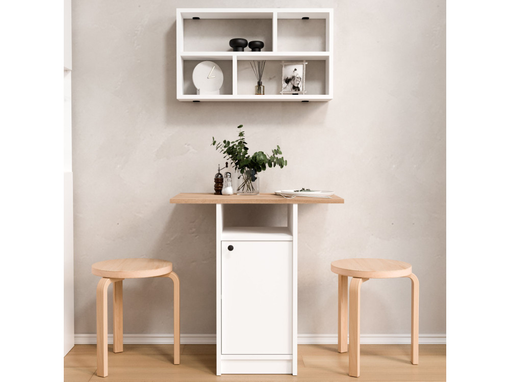 Conjunto de mesa de comedor y estantería de pared (2 piezas) de madera «Nord» - 72 x 44 x 74 cm - Blanco