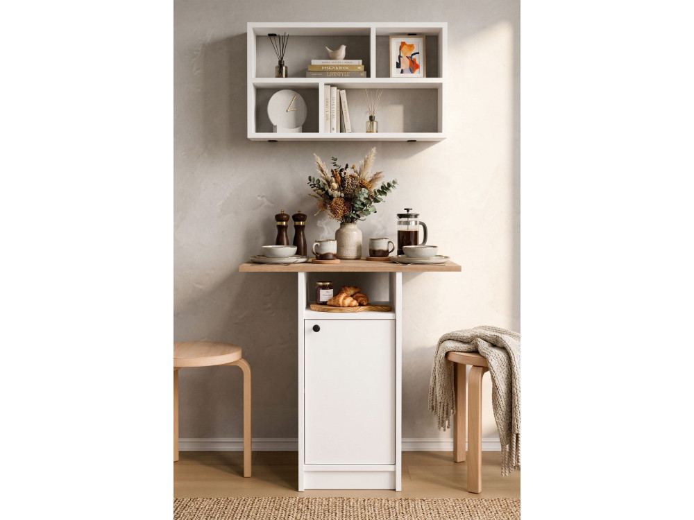 Conjunto de mesa de comedor y estantería de pared (2 piezas) de madera «Nord» - 72 x 44 x 74 cm - Blanco