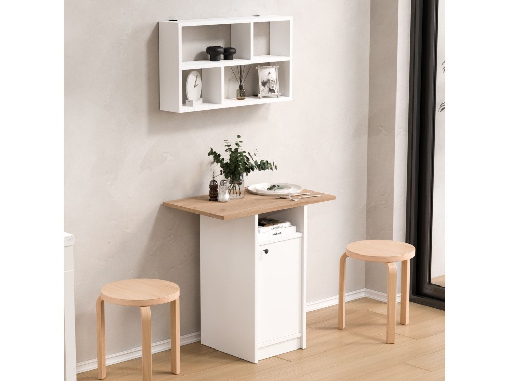 Conjunto de mesa de comedor y estantería de pared (2 piezas) de madera «Nord» - 72 x 44 x 74 cm - Blanco