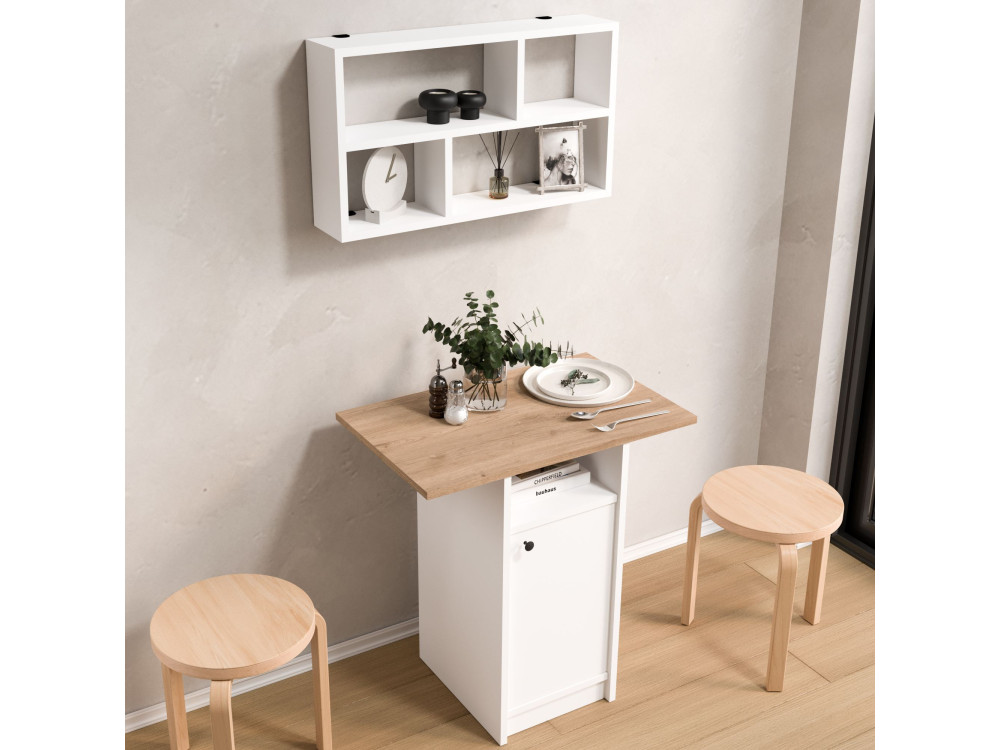 Conjunto de mesa de comedor y estantería de pared (2 piezas) de madera «Nord» - 72 x 44 x 74 cm - Blanco