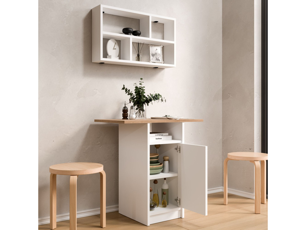 Conjunto de mesa de comedor y estantería de pared (2 piezas) de madera «Nord» - 72 x 44 x 74 cm - Blanco