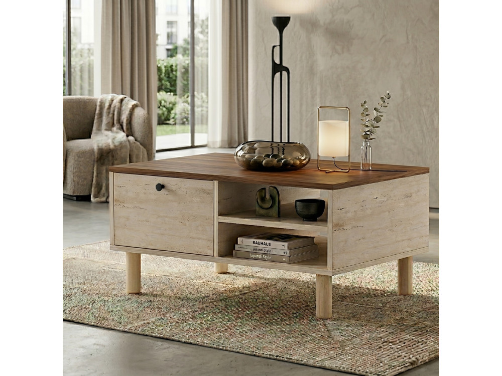 Mesa de centro de madera «Aris» - 90 x 38,8 x 60 cm - Travertino / Nogal Venezia