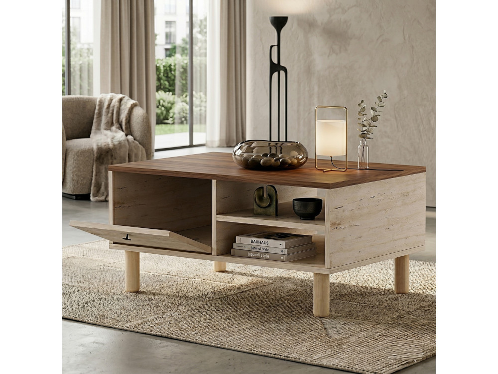 Mesa de centro de madera «Aris» - 90 x 38,8 x 60 cm - Travertino / Nogal Venezia