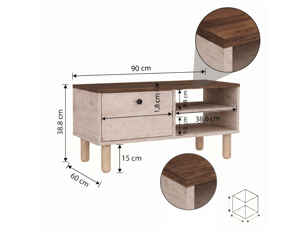 Mesa de centro de madera «Aris» - 90 x 38,8 x 60 cm - Travertino / Nogal Venezia