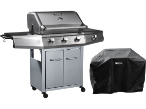 Barbacoa a gas "Bingo 4" - 4 quemadores (1 lateral) - 14kW + Funda de protección- Plateado
