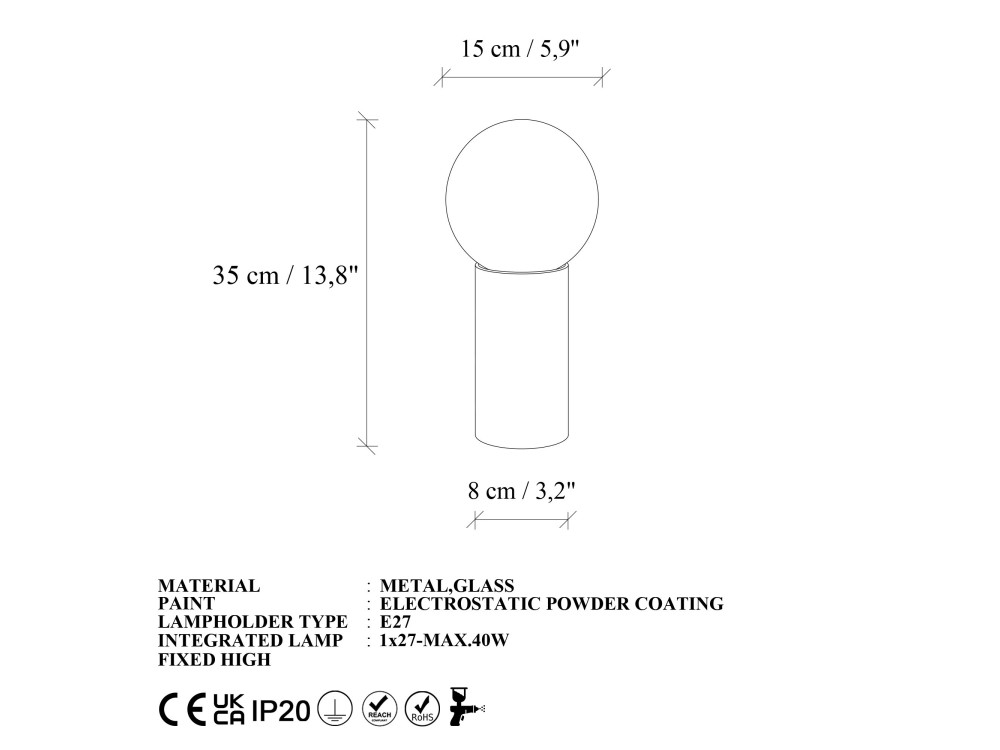 Lámpara de mesa de metal «Polo» - 15 x 15 x 35 cm - Negra